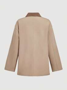 SHEIN MOD Casual Loose Minimalist Front Button Long Sleeve Women's Regular Coat,Autumn,Fall,Back To School,Office Wear,Old Money Style,Best Selling,Homecoming,Oversize,Barn Jacket,Going Out,Country,Business Casual,Work Women,Teacher - Khaki - View 4
