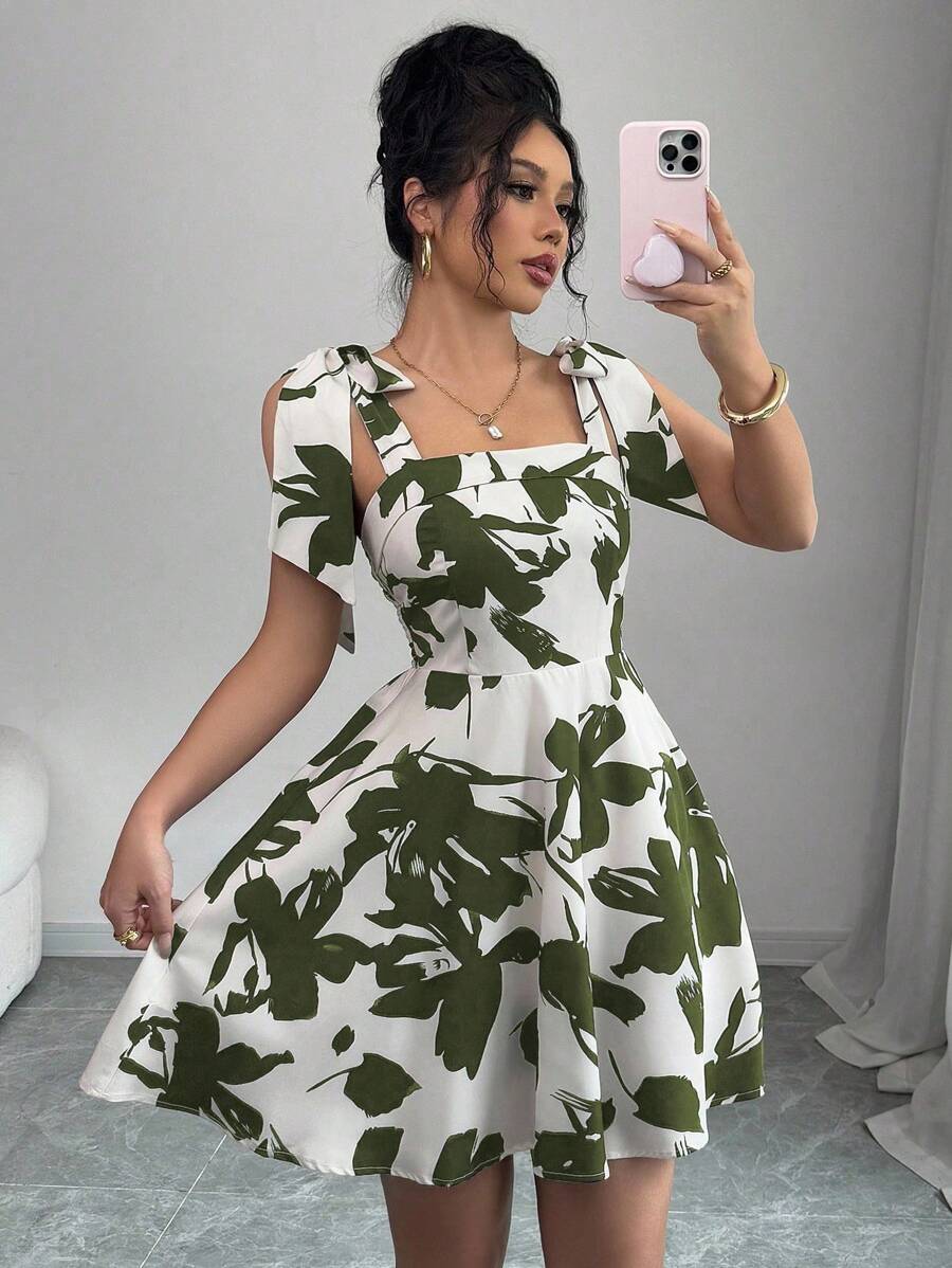 Elenzga 女式休闲时尚全身印花宽肩带束腰宽松吊带连衣裙 - 軍綠色 - 查看 1