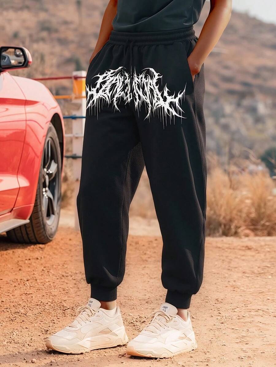 Manfinity Dauomo Men's Gothic Letter Print Drawstring Waist Jogger Sweatpants, For Rave, Emo - Black - View 1