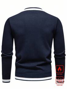 Manfinity Mode Plus Size Men's Striped Crew Neck Long Sleeve Casual Fleece Sweater , Fall Winter - Navy Blue - View 2