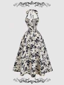 SHEIN MOD Vestido de longitud media con estampado floral y cuello de lazo para mujeres