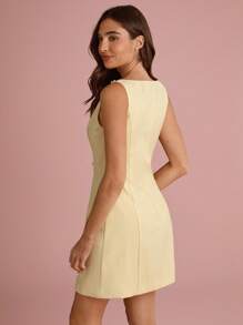 Enchnt 夏/秋浪漫女士奶油黄精致仿珍珠装饰无袖可爱迷你连衣裙，甜美优雅，适合度假、约会、节日、生日、派对、毕业典礼、婚礼宾客、办公室和外出，舞会礼服，女士夏装，女士太阳裙，夏装，女士夏装，返校 - 黃色 - 查看 7