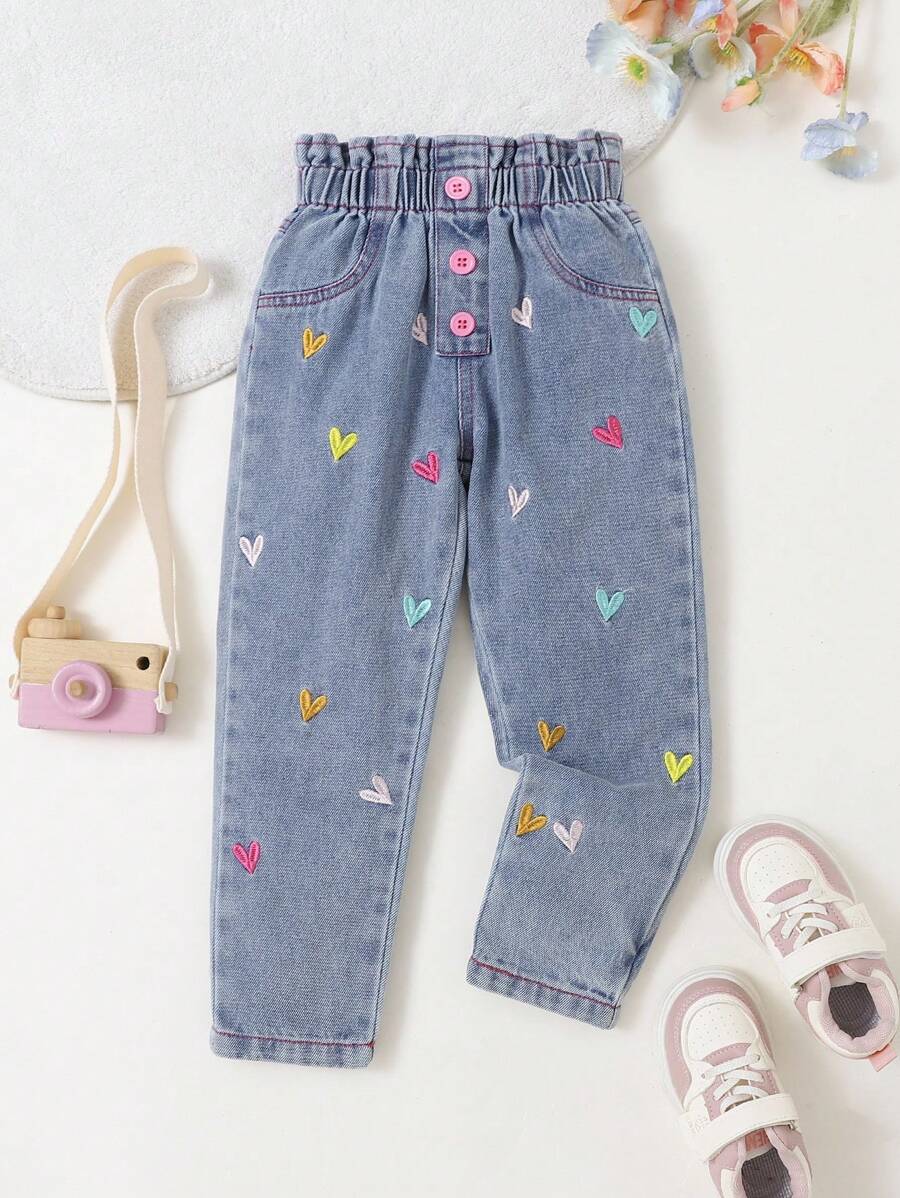 SHEIN 女孩休闲舒适柔软水洗彩色刺绣花卉腰哈伦裤,时尚假日/街头风,轻盈夏季 - 中等水洗藍 - 查看 1