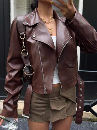 SHEIN EZwear Autumn Airport Lapel Neck Long Sleeve Zipper Front Brown Leather Biker Jacket