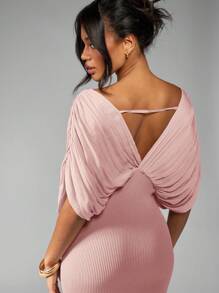 MISSGUIDED Vestido elegante de gala largo con caída, vestido de noche con plisado en el escote, escote pronunciado, mangas tipo murciélago, abertura lateral, para fiestas, bodas, ocasiones especiales