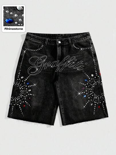 Street Life Men's Summer Casual Rhinestone Decor Slant Pocket Washed Denim Shorts