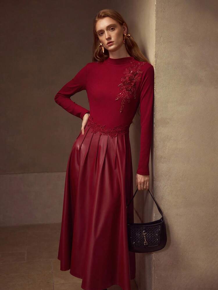 PU LEATHER PANEL FOLD PLEATED FLARE HEM APPLIQUES DRESS