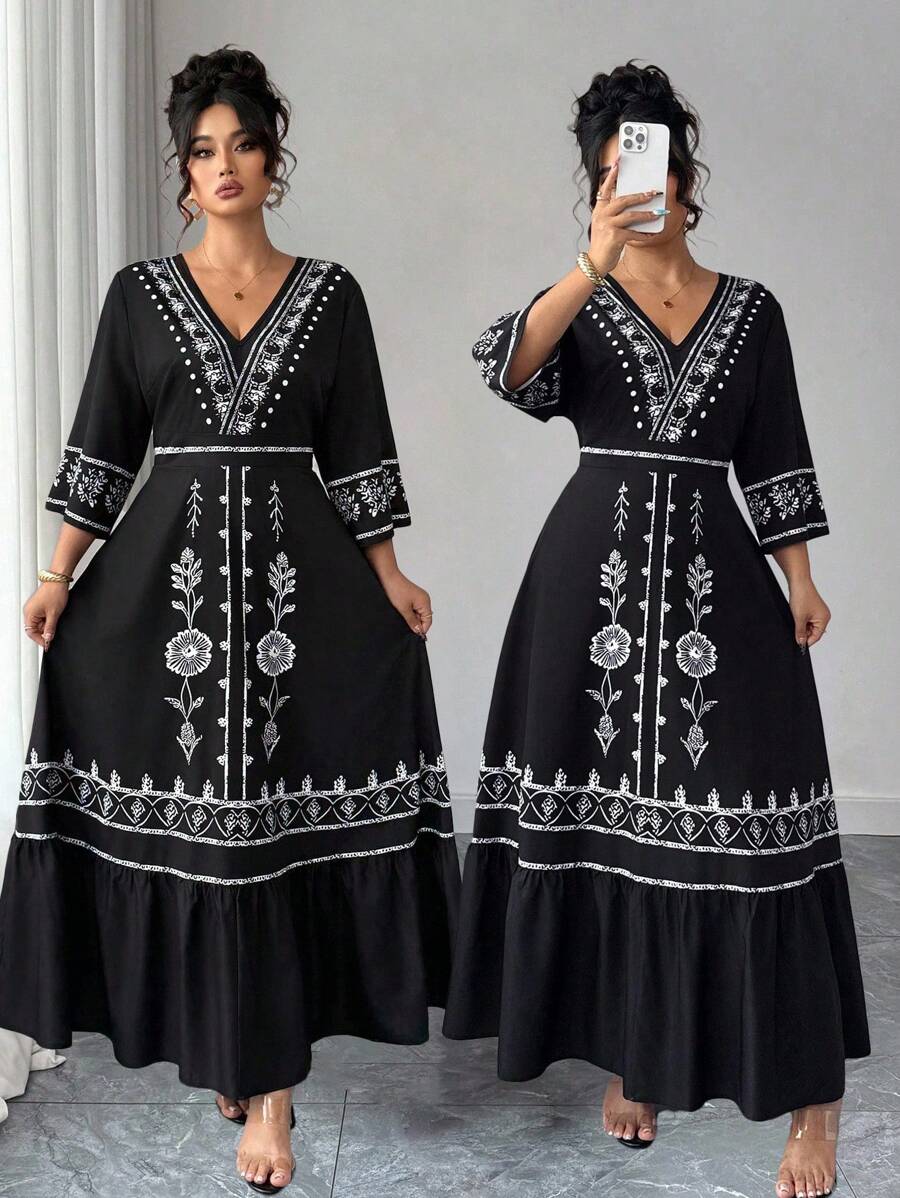 Elenzga 大码女式定位花卉印花长裙波西米亚风海滩长裙