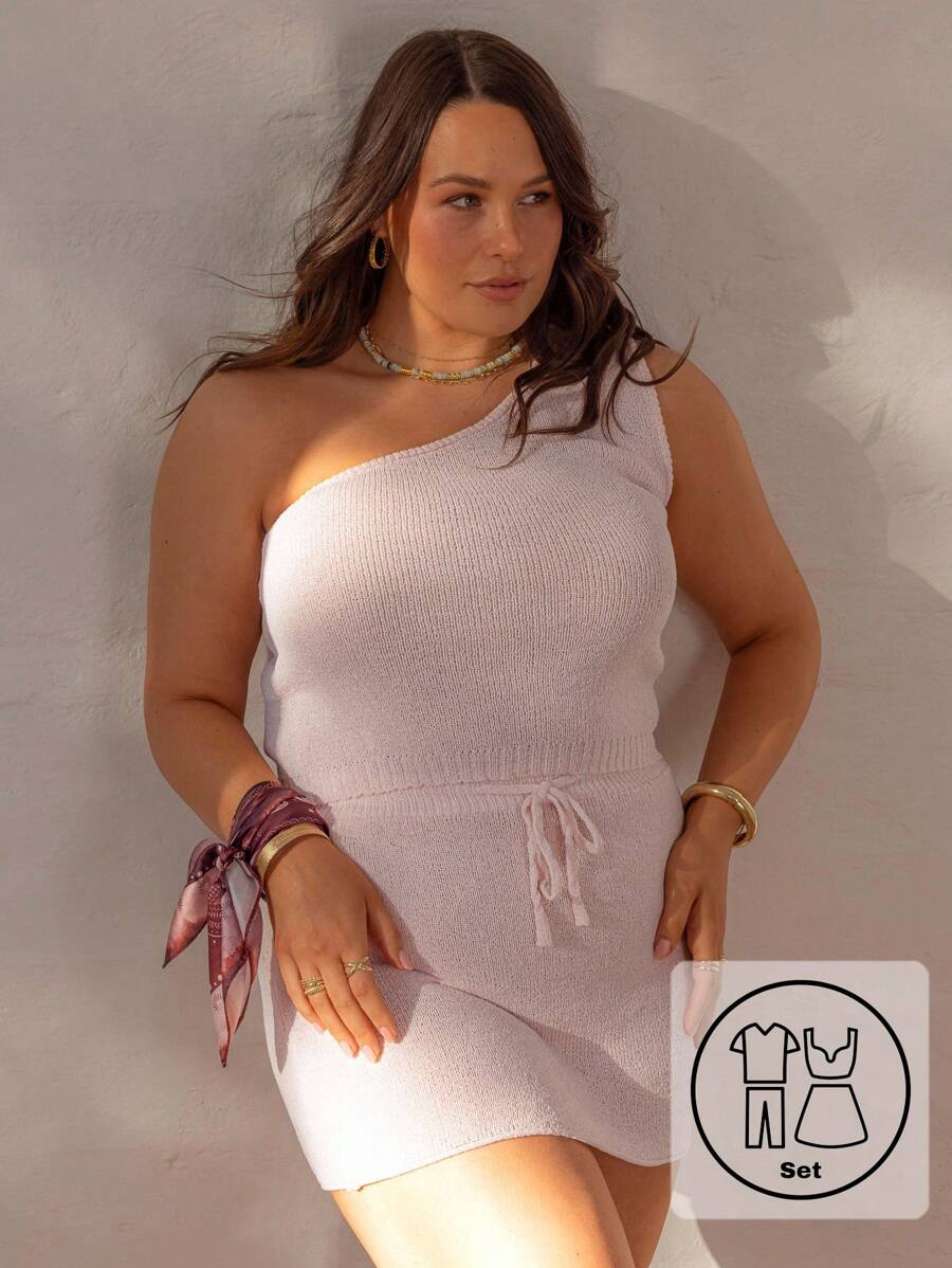 Aralina Curve Summer Resort Lightweight Semi Sheer Vacation Knit One Sholder Top And Skirt Two Pieces Beach Cover Up Set - Baby Pink - View 1
