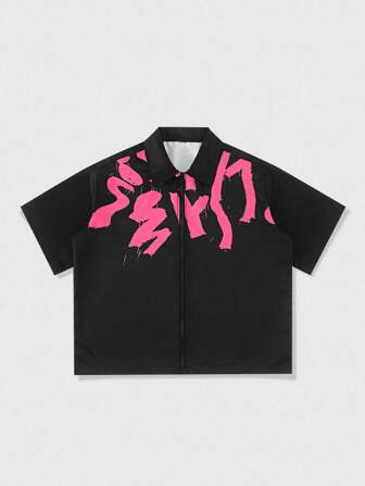 Street Life Chemise décontracté à manches courtes zippée à l'avant avec impression de lettre pour homme