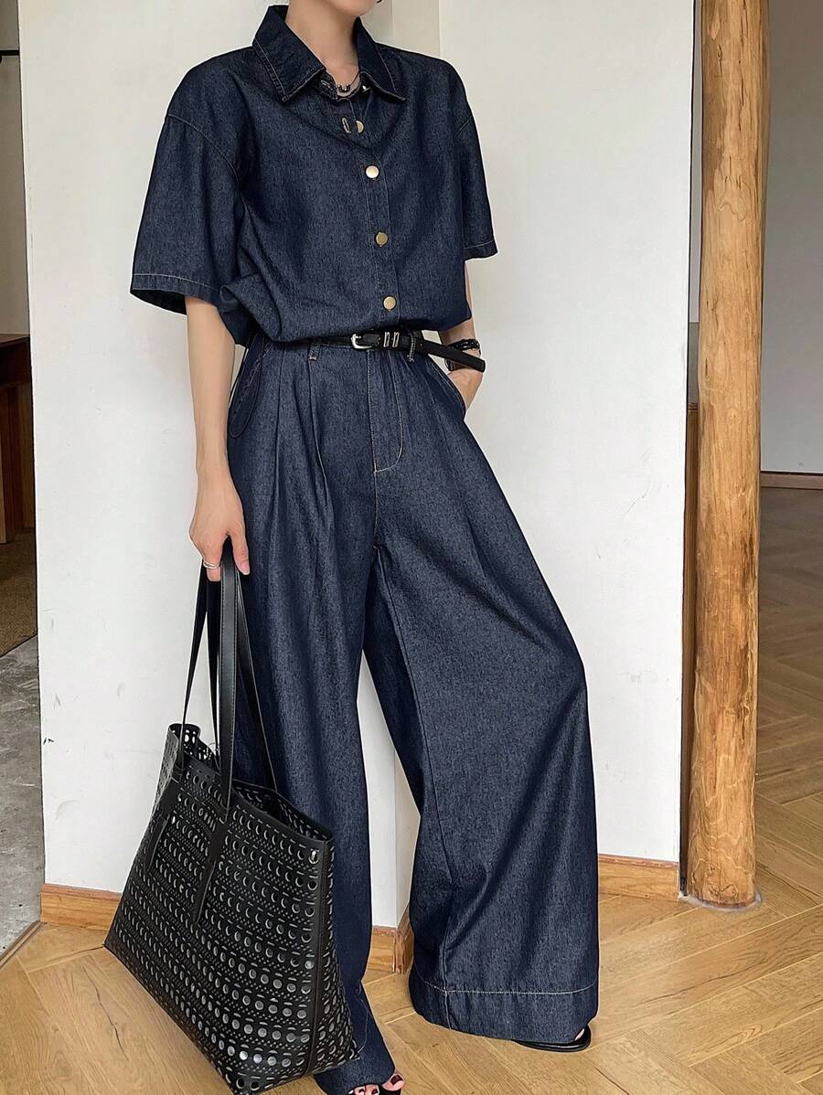 DAZY 女士短袖单排扣衬衫和阔腿牛仔裤休闲套装 - 藍色 - 查看 1