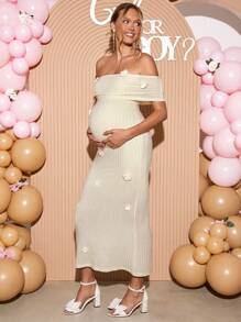 Váy bầu trễ vai họa tiết hoa dự tiệc thanh lịch - Màu be - Xem 6