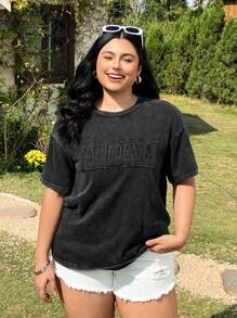 SHEIN EZwear 大尺碼女士黑色圓領短袖T恤