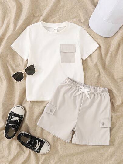 SHEIN Genkimix Kids 2件套男童撞色工装口袋短袖T恤和短裤休闲装