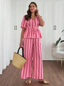 Vionelle Plus Size Pink Striped Bowknot Short Sleeve 2 Pieces Set - Pink - View 3