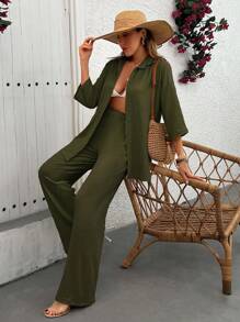EURMUSE Women Loose Fit Blouse And Pant Two Pieces Set - Army Green - View 5