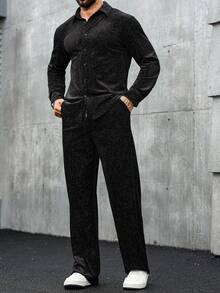 Manfinity Homme 男士长袖单排扣衬衫和裤子套装，成熟街头风格纹理宽松男士黑色两件套男士两件套西装套装男士黑色服装针织两件套男士男士两件套运动服男士两件套西装套装长袖配裤子男士黑色天鹅绒运动服 - 黑色 - 查看 5