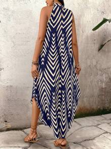SHEIN LUNE Đầm dài hở lưng kẻ sọc rộng rãi cho nữ, phong cách nghỉ dưỡng - Màu xanh hải quân - Xem 2