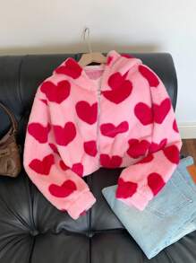 Comfortcana Plus Size Heart Print Hooded Jacket, Casual For Spring/Autumn,Fall Clothes For Women Winter - Pink - View 7