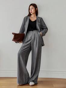 Dazy-Less 女士纹理条纹宽松商务休闲通勤办公室装衬衫开衫和直筒裤套装，适合秋季、春季和夏季 - 深灰色 - 查看 5