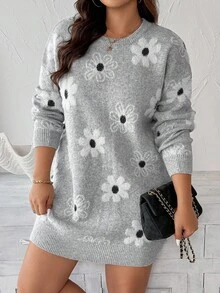 EMERY ROSE Plus Size Women Floral Pattern Round Neck Drop Shoulder Long Sleeve Knitted Dress Winter Fall Autumn - Grey - View 3