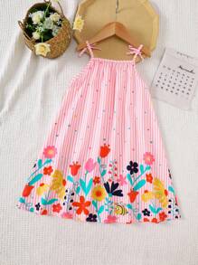 Souflis Souflis 女童休闲/度假碎花荷叶边A字吊带裙，适合学校、校园、大学女生穿着，碎花连衣裙，夏季女童连衣裙，女童夏季连衣裙，女童碎花连衣裙 - 粉色 - 查看 2