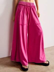 Bohemela 休闲针织雪洗纯色拼接宽松阔腿女裤 粉色裤子 女士亮粉色裤子 带口袋裤子 松紧腰裤子 阔腿裤 - 粉色 - 查看 6