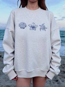 Veykashi 度假休闲简约花卉贝壳海龟印花圆领宽松长袖运动衫，大码女款，秋冬