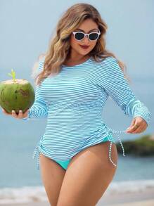 Swim Lushoire 两件套大码女式条纹长袖短款上衣和高腰下装成熟时尚休闲度假泳装 - 藍色 - 查看 1