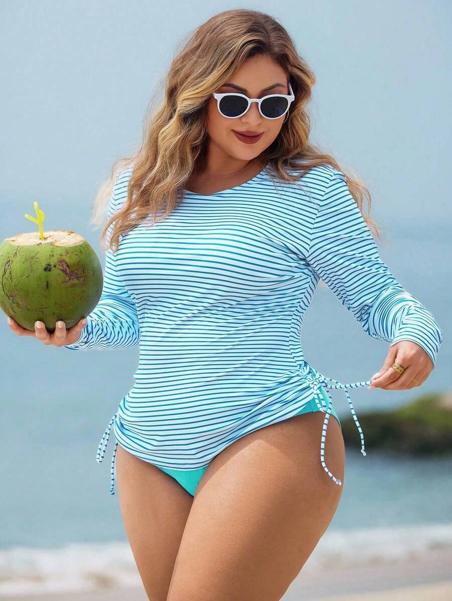 Swim Lushoire 两件套大码女式条纹长袖短款上衣和高腰下装成熟时尚休闲度假泳装 - 藍色 - 查看 1