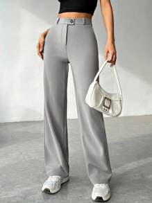 SHEIN EZwear 女士純色直腳休閒褲 - 灰色 - 查看 3