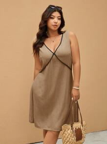 Elaquor 大码撞色V领无袖修身连衣裙 - 駝色 - 查看 1