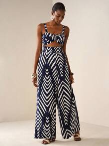 Zivah 2025 新款夏秋休闲度假扭纹吊带镂空后背印花女长款连体衣，藏青色，婚礼季，派对，度假，海滩海边度假，波西米亚风，毕业装，日常旅行，早午餐装，旅行，机场装 - 藏蓝色 - 查看 3