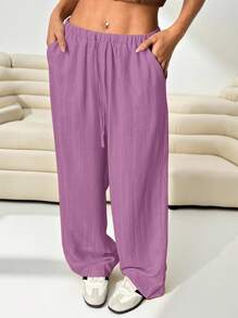 SHEIN EZwear 女士加大码宽松梭织休闲长裤，紫丁香色 - 紫丁香色 - 查看 4