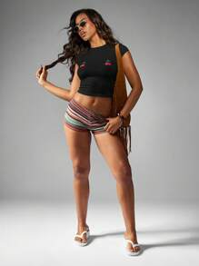 MISSGUIDED 樱桃印花短款上衣婴儿 T 恤 Y2K 时尚盖袖夏季节日休闲棉质弹力修身街头服饰 - 黑色 - 查看 3