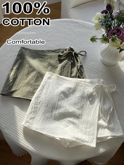 Comfortcana Plusstorlek Dam Enfärgade Asymmetriska Kjolbyxor med Snörning och Midja, Sommar, Semester, Europeisk Sommar, Lantlig, Strand, 100 % Bomull, Omlottkjol, Sommar, Skola, Grönt och Vitt, Brunch, Gammaldags Damstil