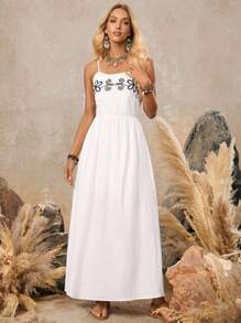 LanaWest Vestido de medio largo de lino y algodón con bordado en estilo occidental para mujeres - Blanco - Ver 5