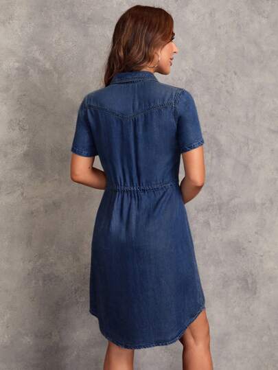SHEIN LUNE Women Casual Drawstring Waist Button Front Denim Effect Dress, Summer Denim Dress Women Jean Dress Denim Shirt Dress,Casual