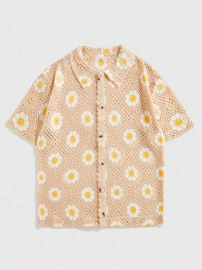 Street Life Camisa tipo polo de punto calada con diseño de margaritas para hombres