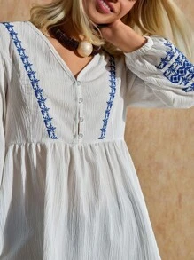 Bóhologie White Blouse Button Front Detailed With Flower Embroidery, Lantern Sleeves, Boho Style - White - View 5
