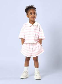 SUMWON 夏季条纹年轻女孩 Polo 衫两件套套装，搭配抽绳短裤和荷叶边袜子，学院风休闲装 - 淺粉色 - 查看 1