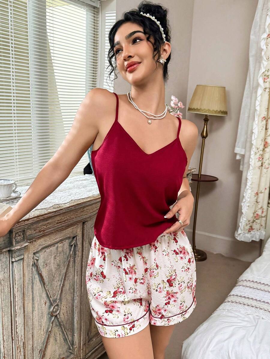 CottageSlumber Romantic-Flora Burgundy Spaghetti Strap Pajama Set With Floral Shorts For Summer Lounging Women Pajama Set Pj Sets For Women Summer Summer Lounge Sets For Women Cami Pajama Set 2 Piece Short Sets Woman - Burgundy - View 1