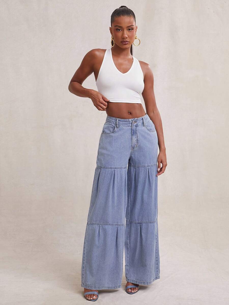 NYA SZN Damen Jeans mit weitem Bein und hoher Taille, ideal für Strand, Alltag, Urlaub, Party, Brunch, elegant, Club, Ausgehen, sexy, Konzert, Nationalreise, Musikfestival, Sommer, Pastellfarben - Helle Waschung - Übersicht 1