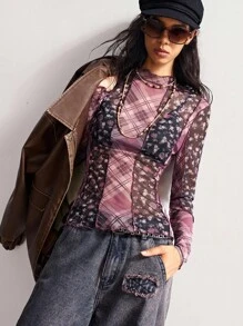 Bohemela 女式格子拼布和碎花长袖上衣 - 藏蓝色 - 查看 7