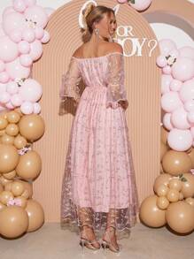 Loomaby 孕妇植物刺绣网眼露肩喇叭袖优雅连衣裙 - 紅色 - 查看 2