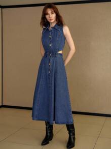 MOTF PREMIUM 镂空腰部喇叭下摆无袖牛仔连衣裙