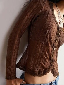 Bohemela Women Casual Solid Color Knitted V-Neck Contrast Lace Long Sleeve Blouse, For Autumn' Brown Lace Top Brown Long Sleeve Top Brown Button Down Top