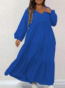 SHEIN LUNE Plus Size Solid Color Lantern Sleeve Brown Fall Dress, Spring Autumn Maxi Women Outfit - Blue - View 1