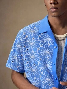 AKNOTIC Business Casual 男士蓝色花卉提花休闲宽松短袖衬衫，适合夏季、秋季、度假、日常搭配、派对、情侣装，男士礼物 - 藍色 - 查看 3