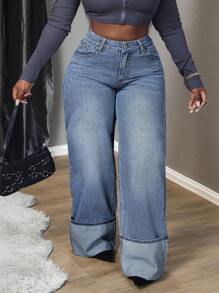 Slaydiva Plus Size Casual Fashionable Frill Hem Wide Leg Button Fly Jeans - Light Wash - View 5